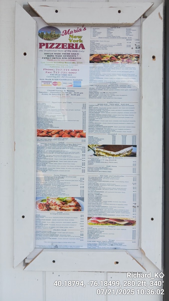 Maria's New York Pizzeria menu board