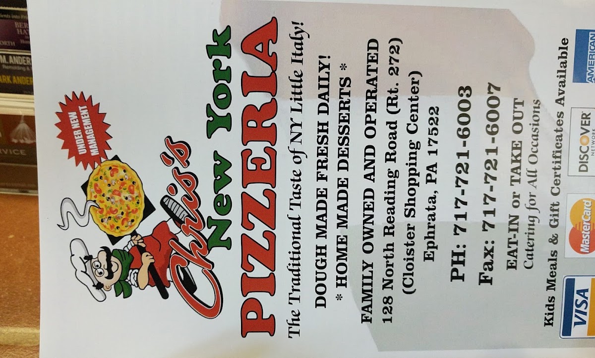 Maria's New York Pizzeria menu board