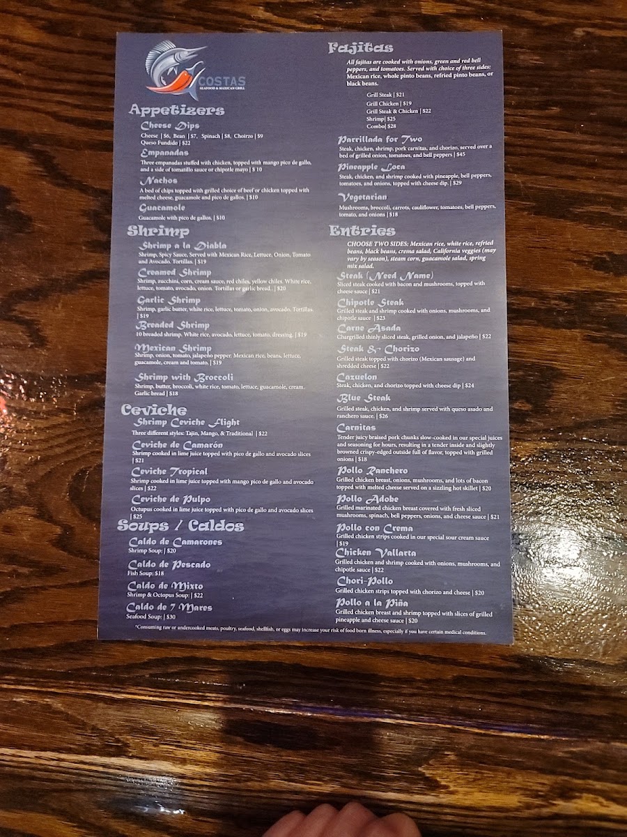 COSTAS SEAFOOD & MEXICAN GRILL menu board