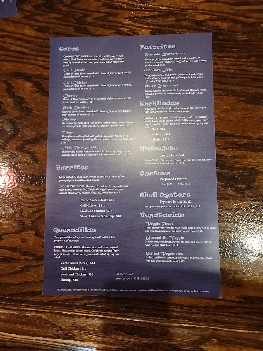 COSTAS SEAFOOD & MEXICAN GRILL menu board