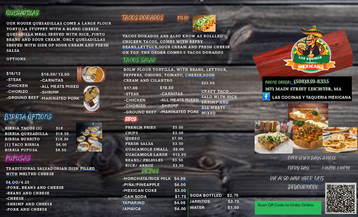 Las Cocinas y Taqueria Mexicana menu board