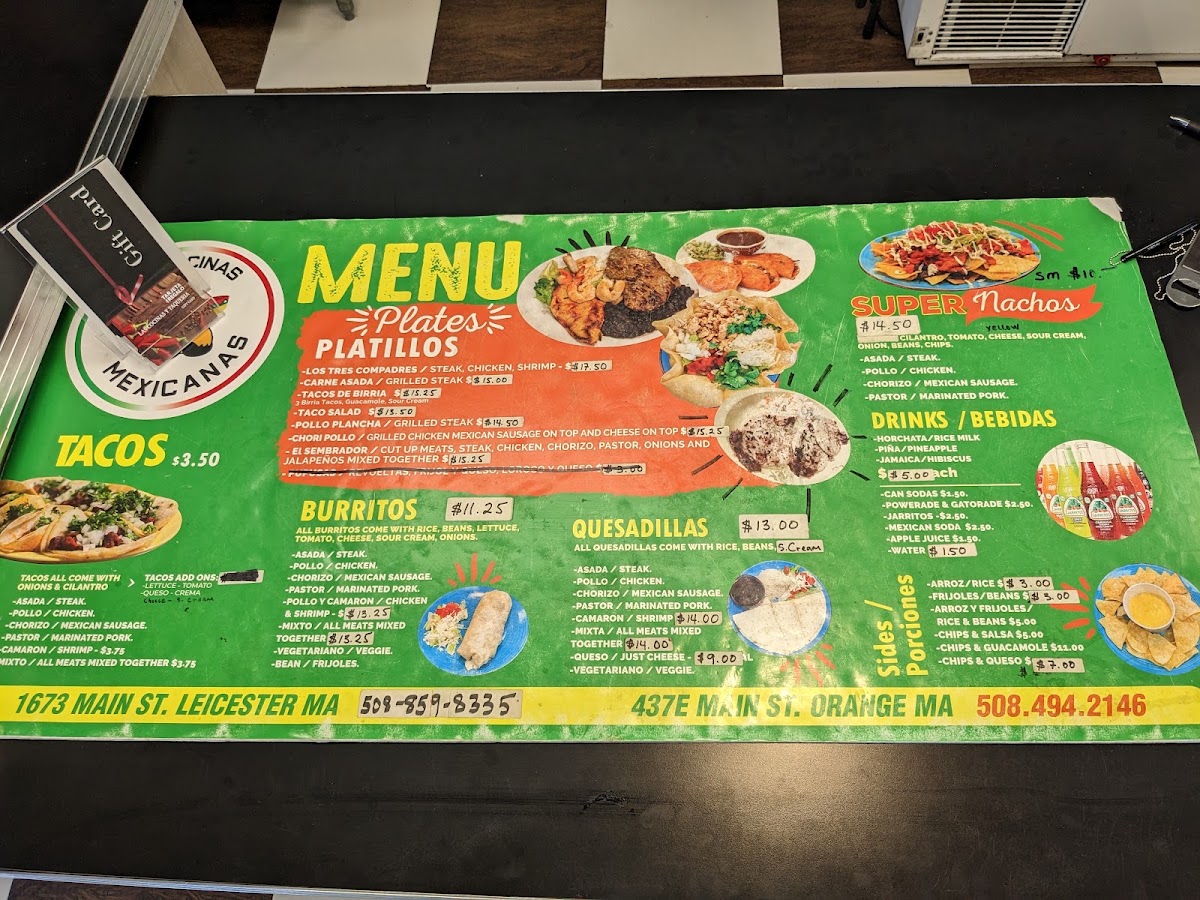 Las Cocinas y Taqueria Mexicana menu board