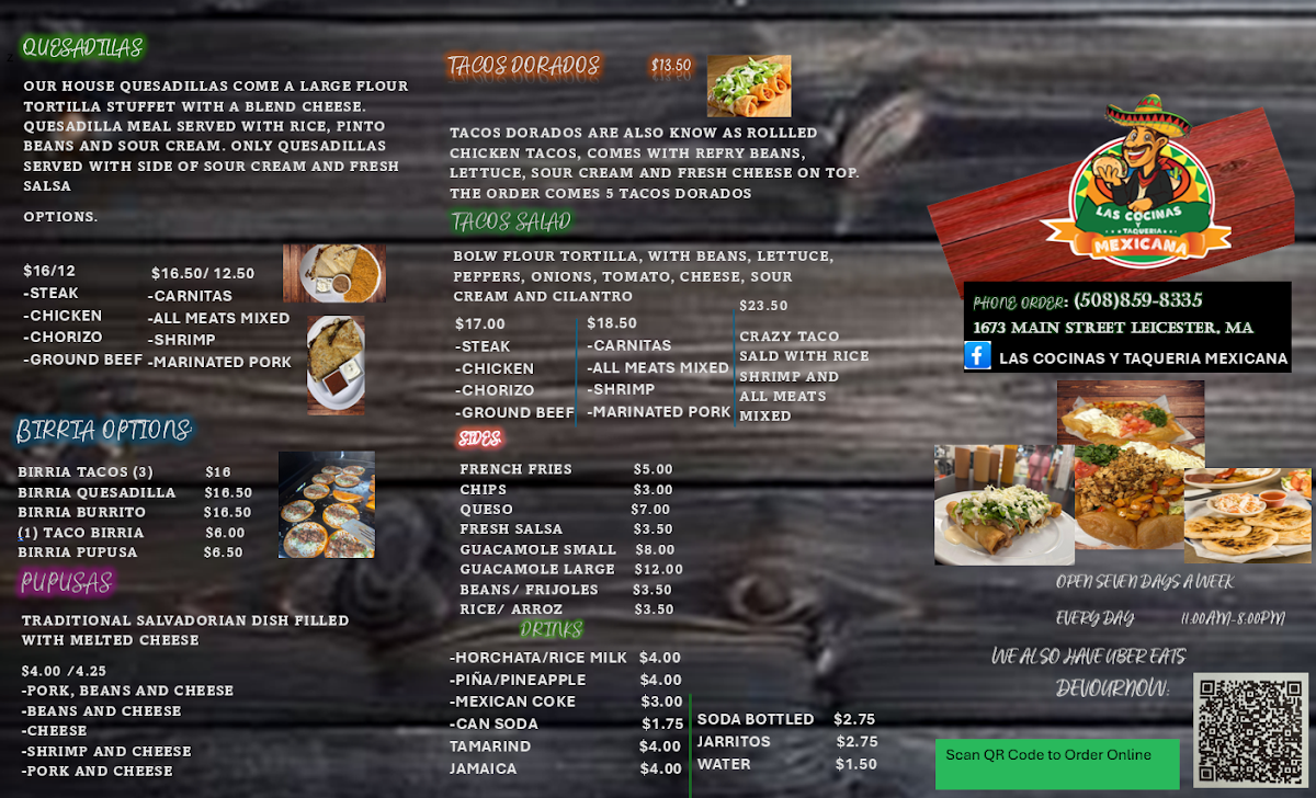 Las Cocinas y Taqueria Mexicana menu board