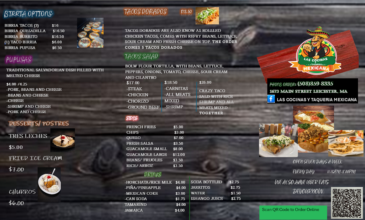 Las Cocinas y Taqueria Mexicana menu board
