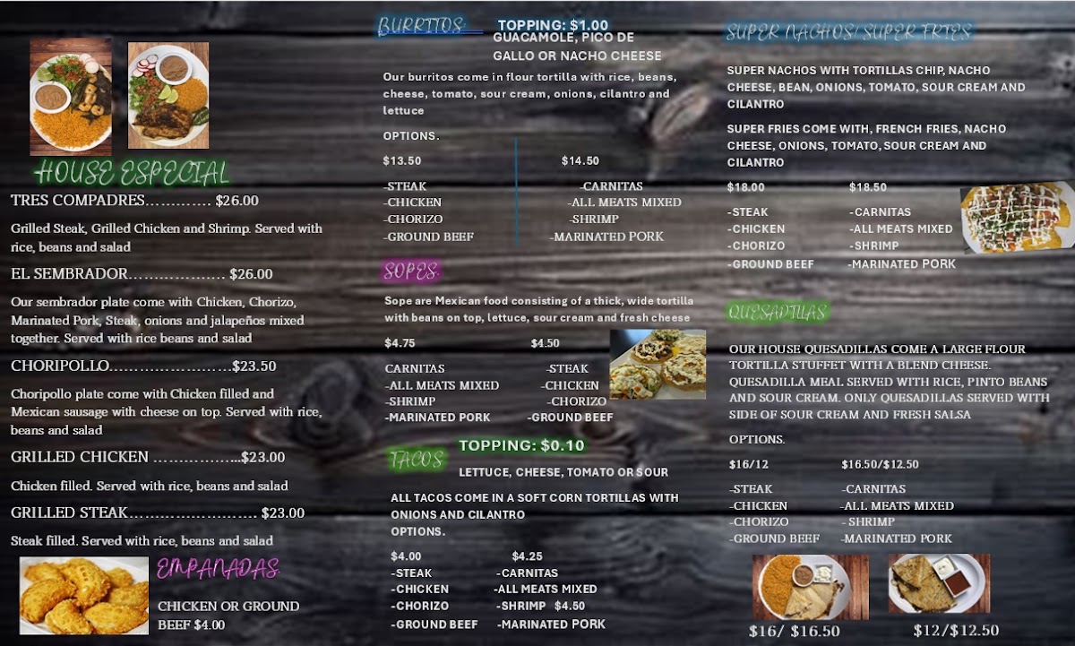 Las Cocinas y Taqueria Mexicana menu board