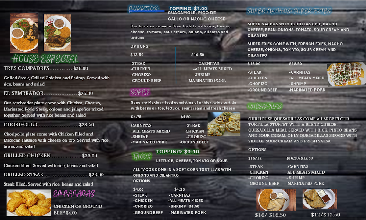 Las Cocinas y Taqueria Mexicana menu board