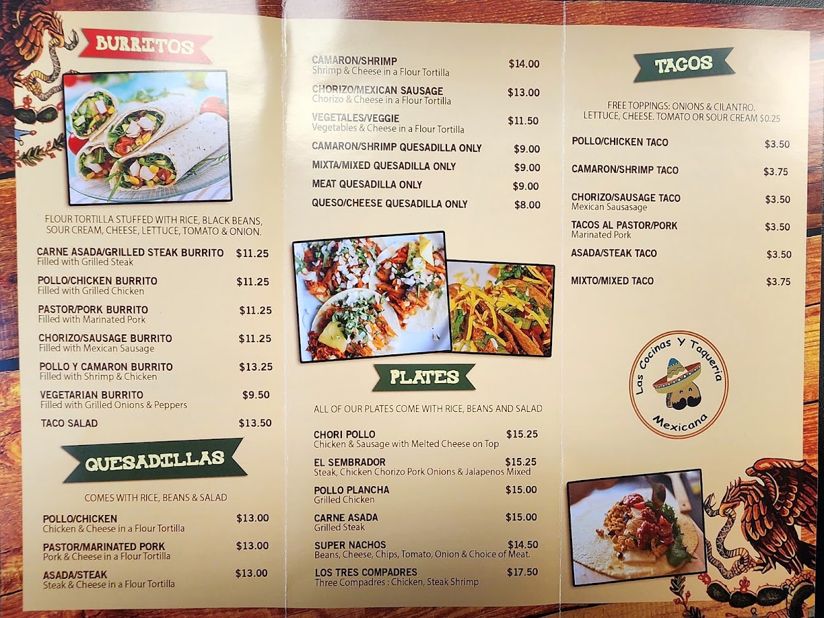Las Cocinas y Taqueria Mexicana menu board