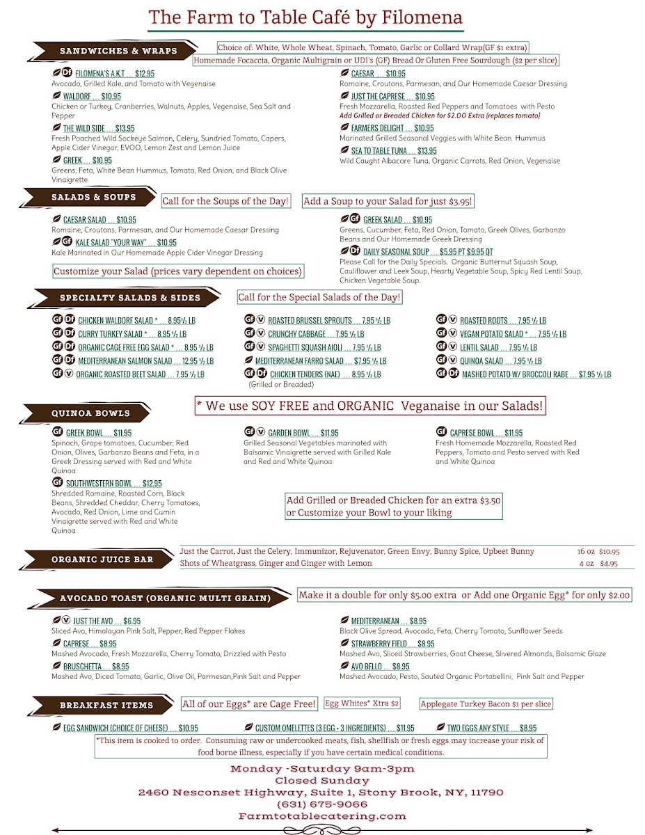 Farm to Table Cafe by Filomena menu board