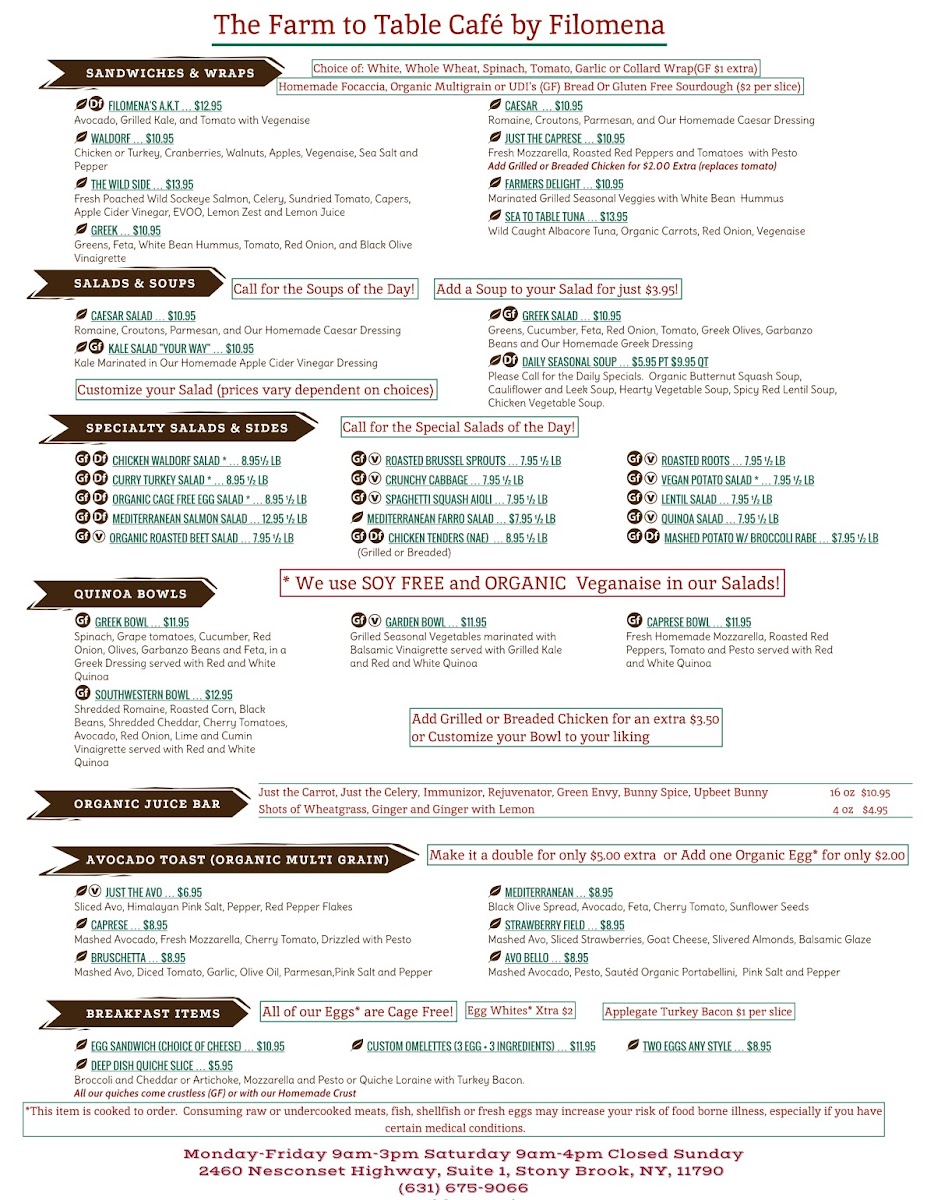 Farm to Table Cafe by Filomena menu board