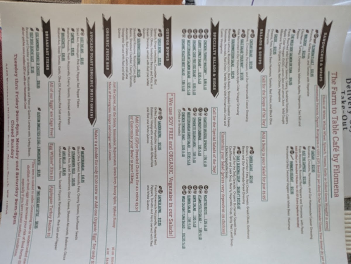 Farm to Table Cafe by Filomena menu board