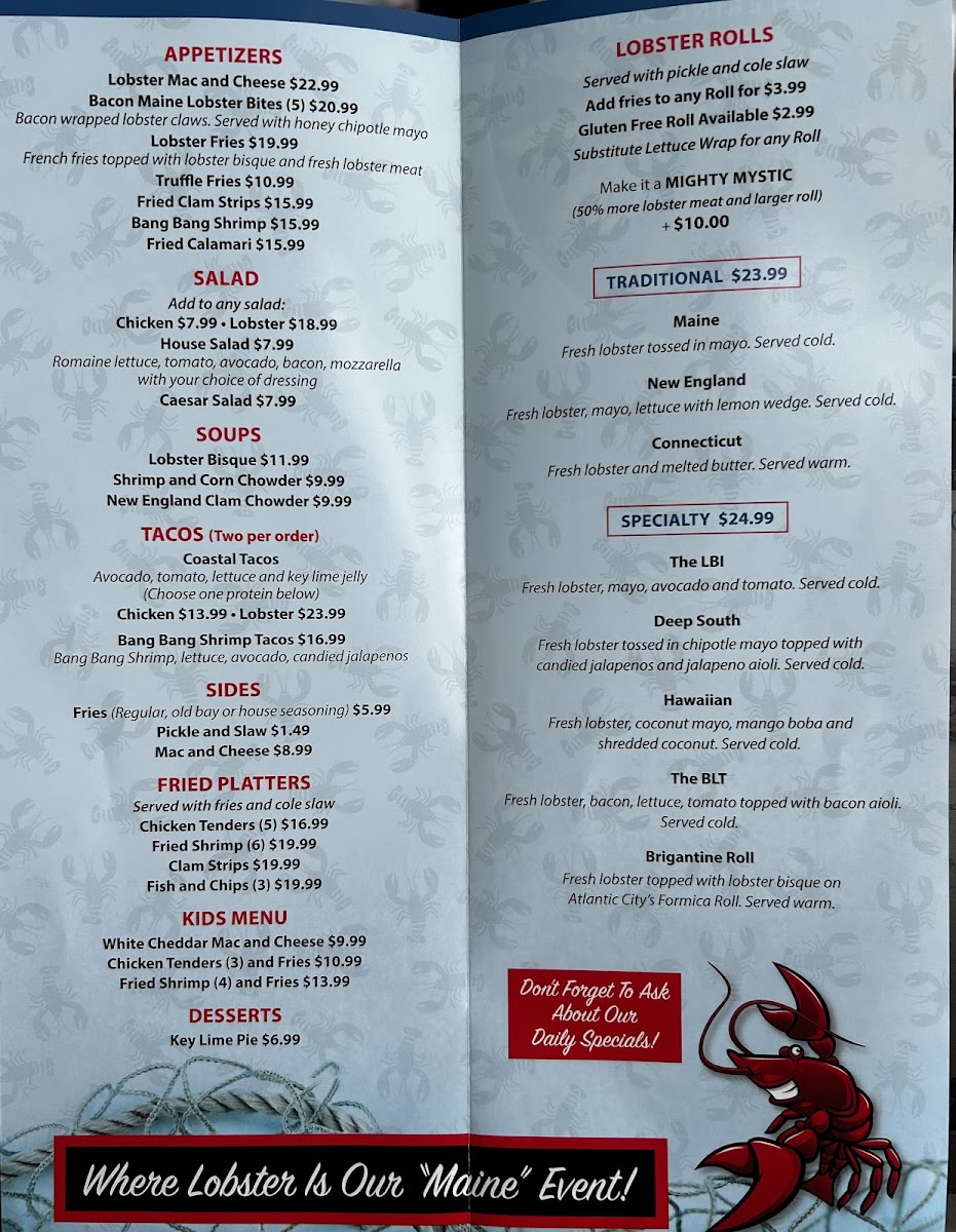 Mystic Lobster Roll Co. Brigantine menu board