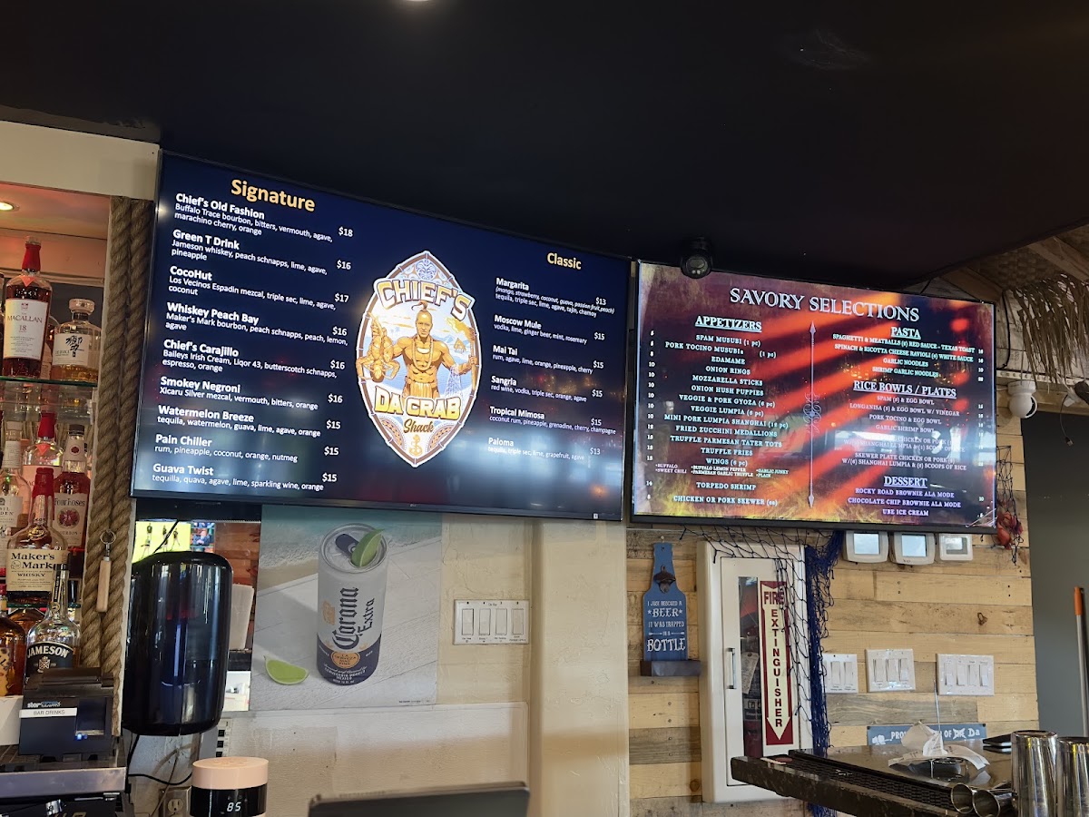 Chief's Da Crab Shack menu board