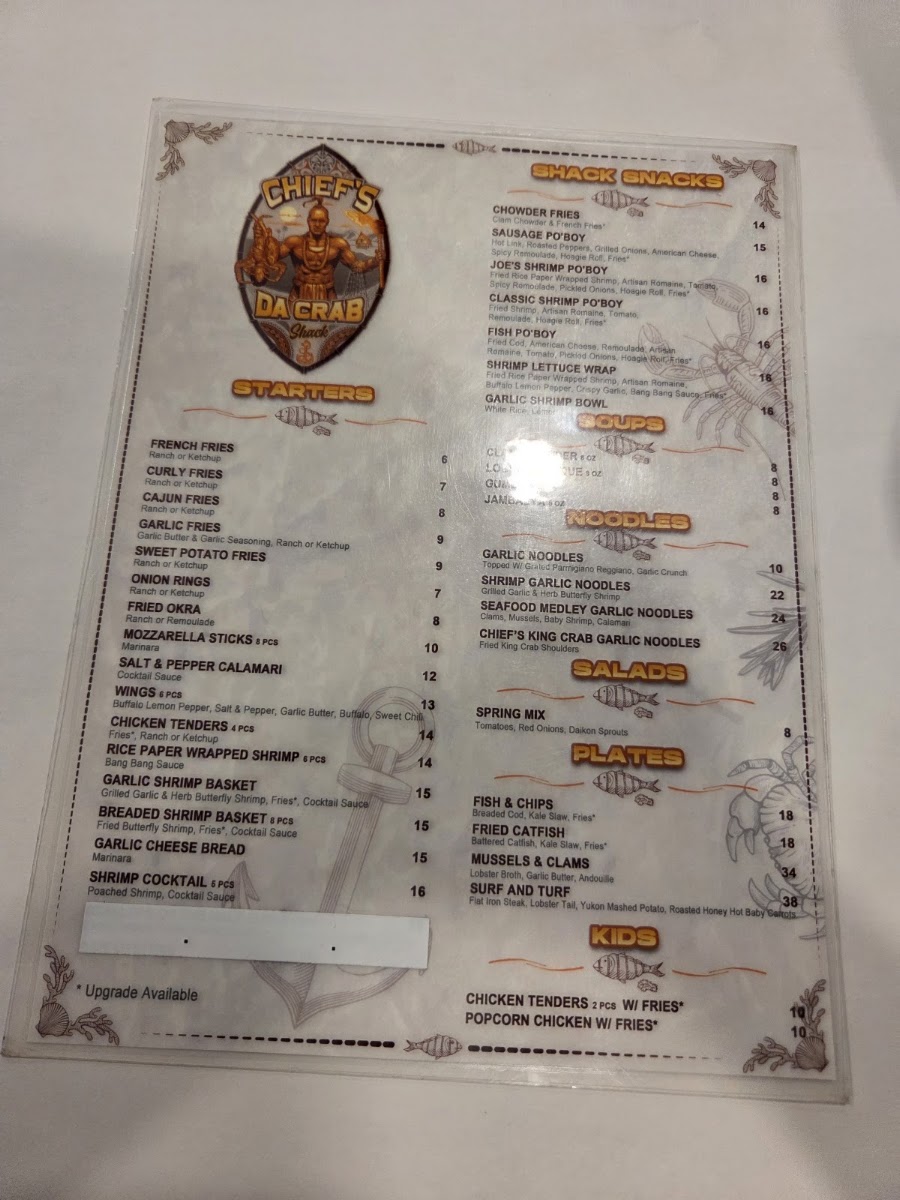 Chief's Da Crab Shack menu board