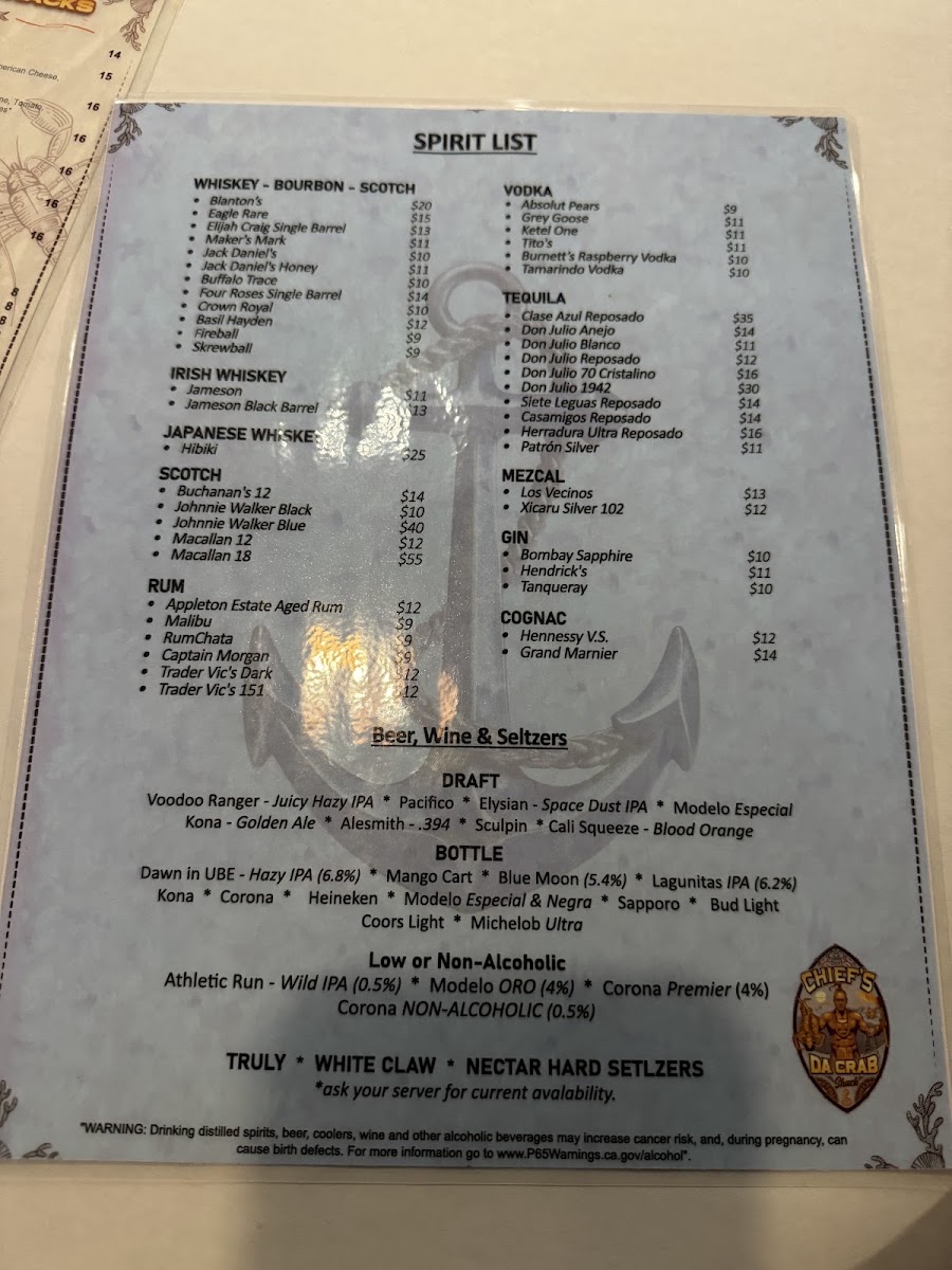 Chief's Da Crab Shack menu board