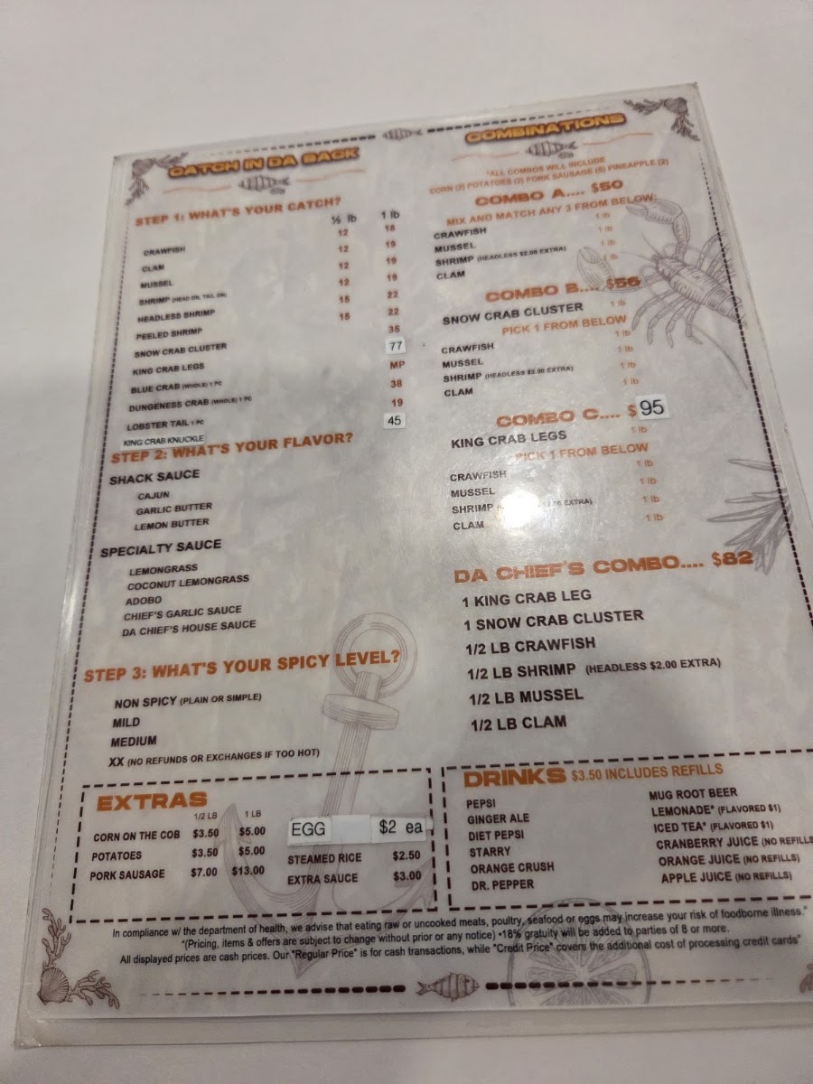 Chief's Da Crab Shack menu board
