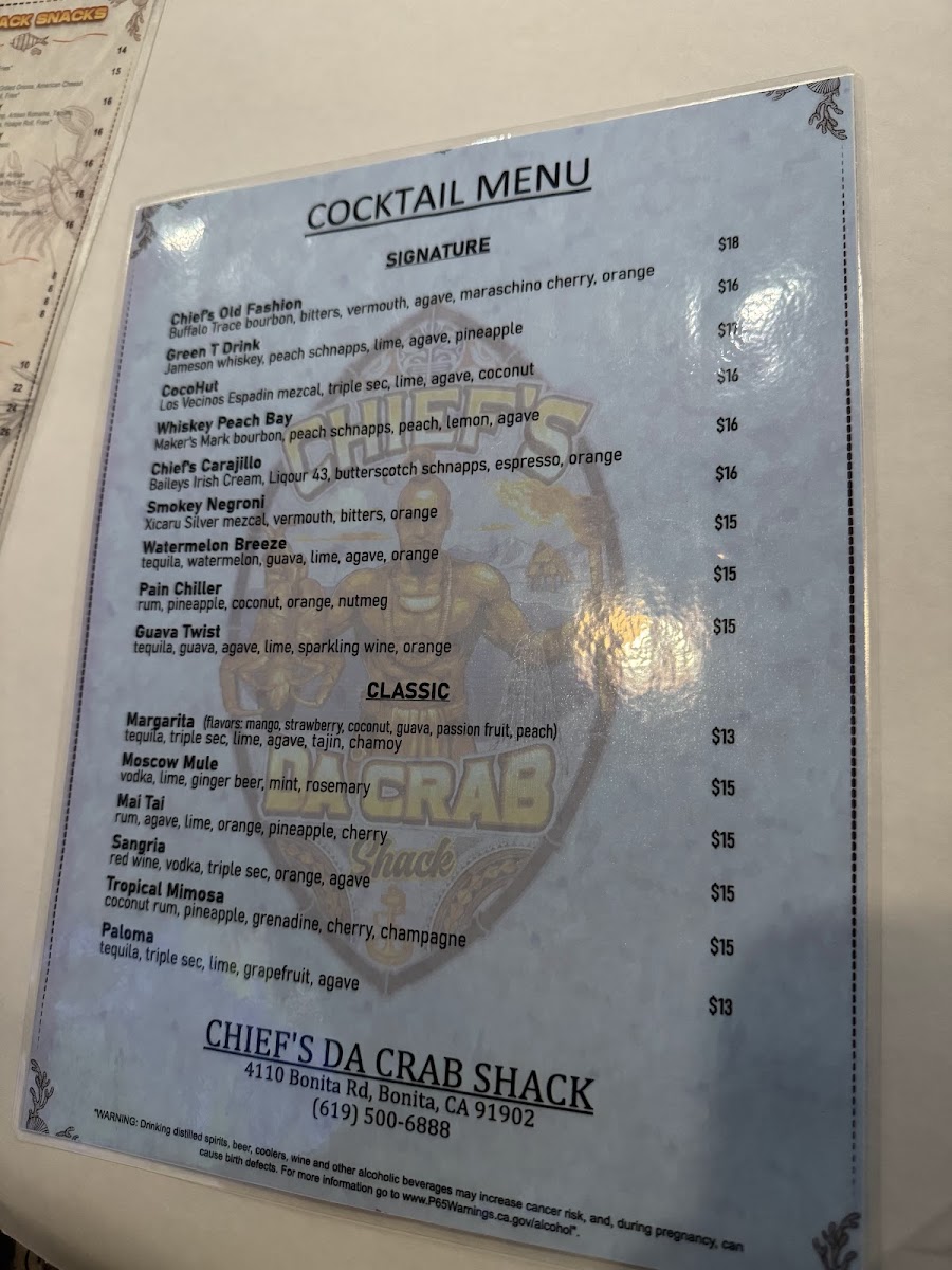 Chief's Da Crab Shack menu board