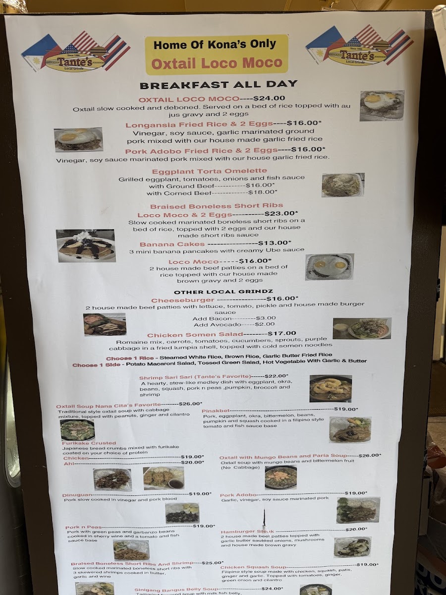 Tante's Local Grindz menu board