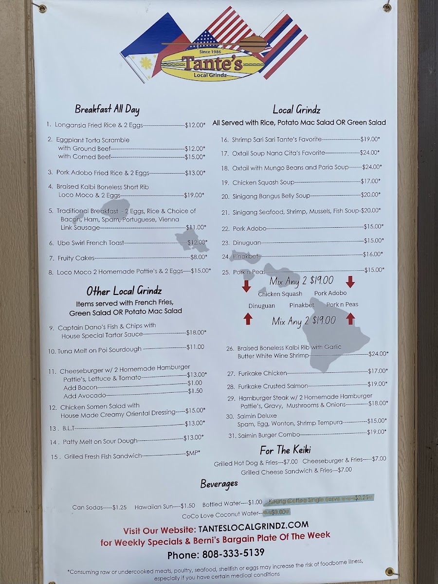 Tante's Local Grindz menu board