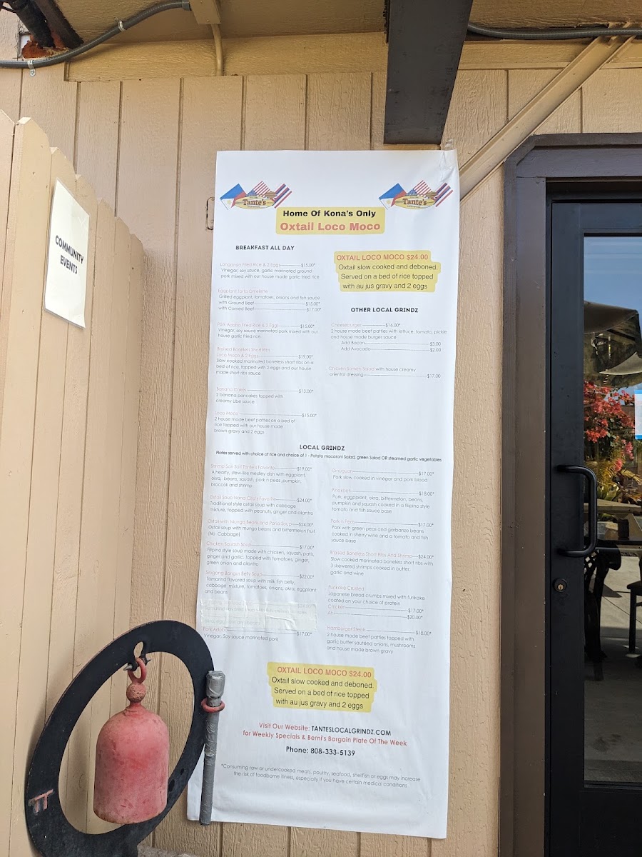 Tante's Local Grindz menu board
