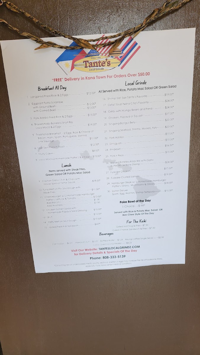 Tante's Local Grindz menu board