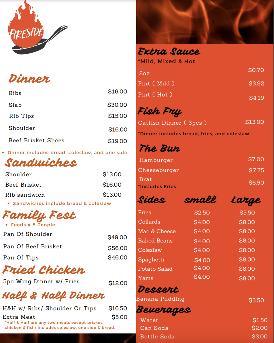 Fireside BBQ and Grill menu board