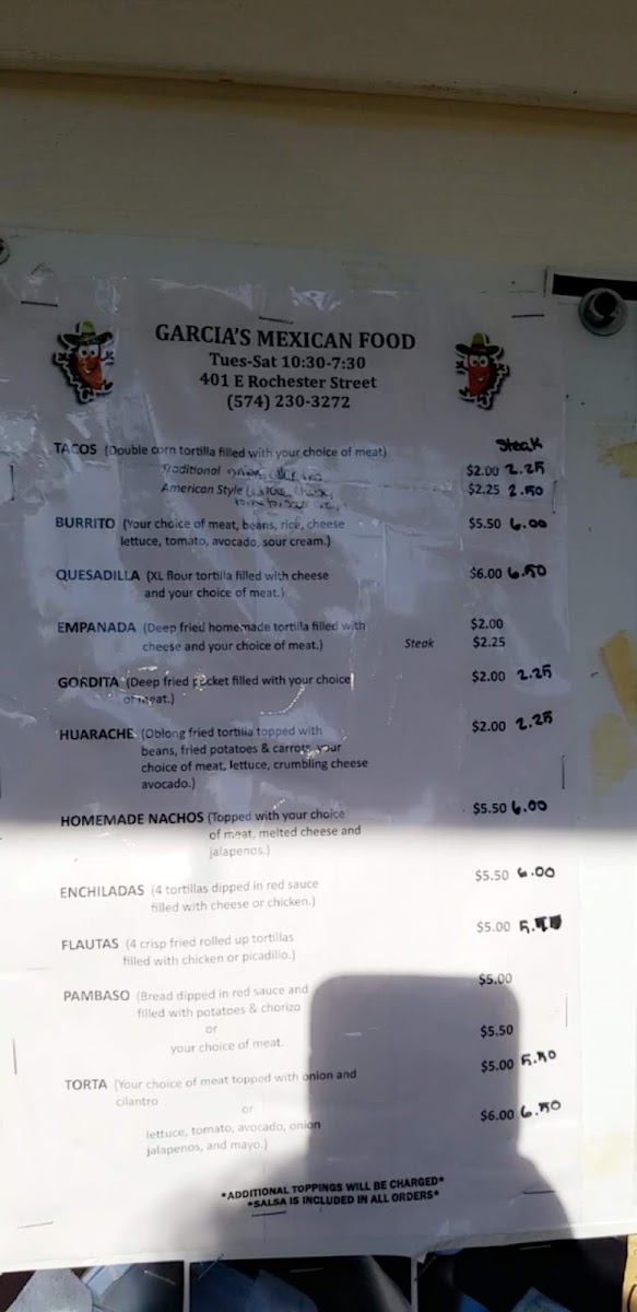 Garcia's Mexican Food menu board