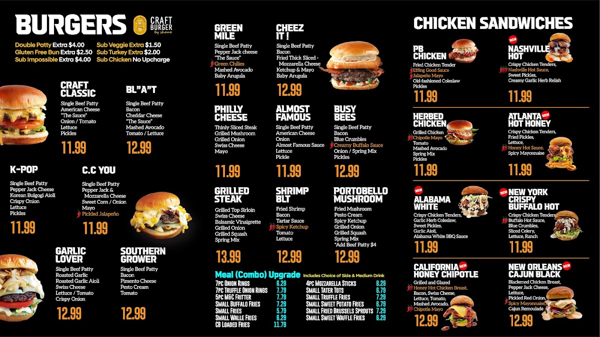 Craft Burger by Shane North Main menu board