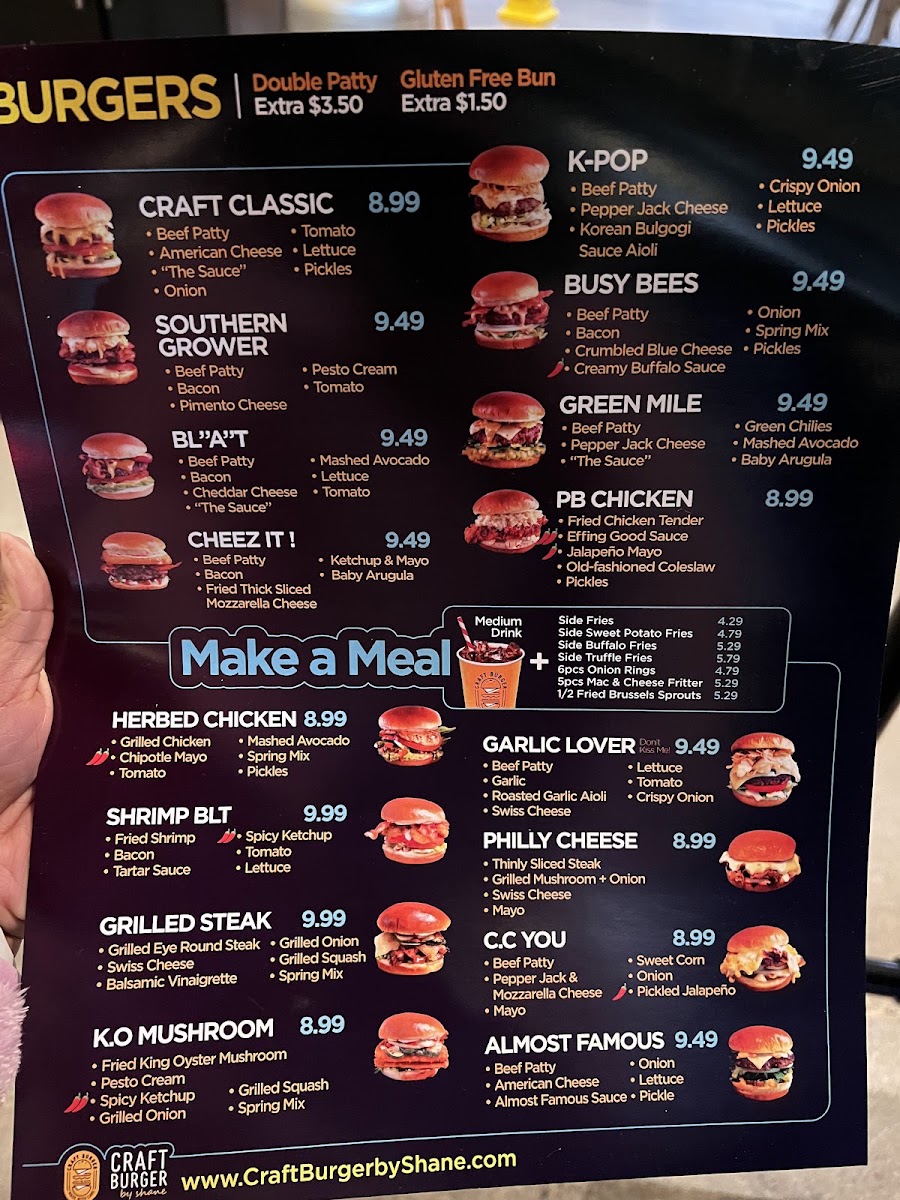 Craft Burger by Shane North Main menu board