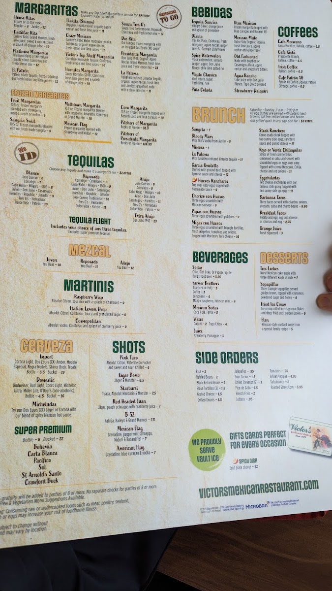 Victor's Mexican Grille menu board