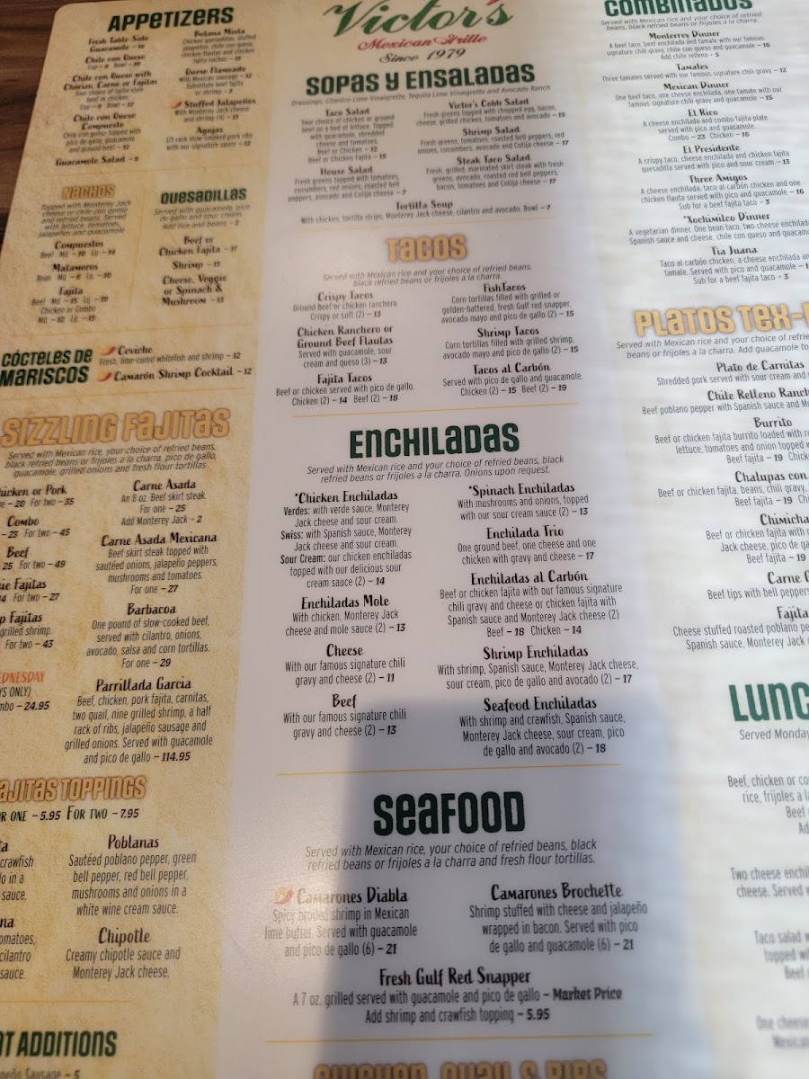 Victor's Mexican Grille menu board