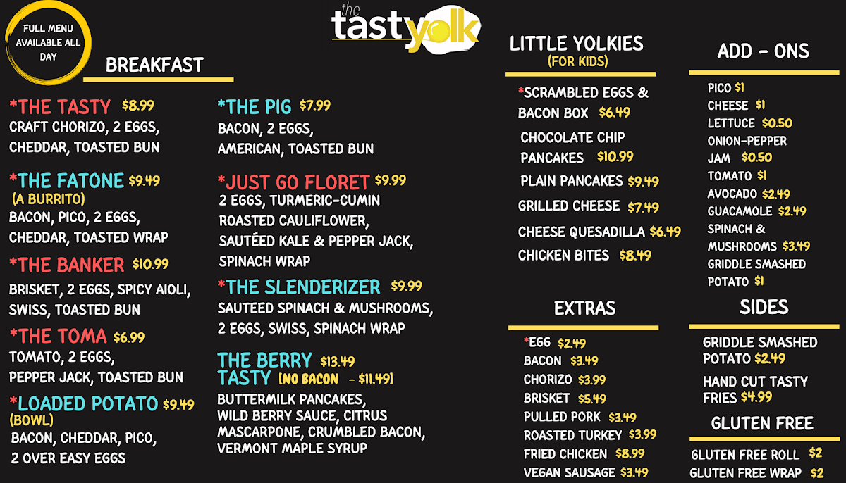 The Tasty Yolk menu board