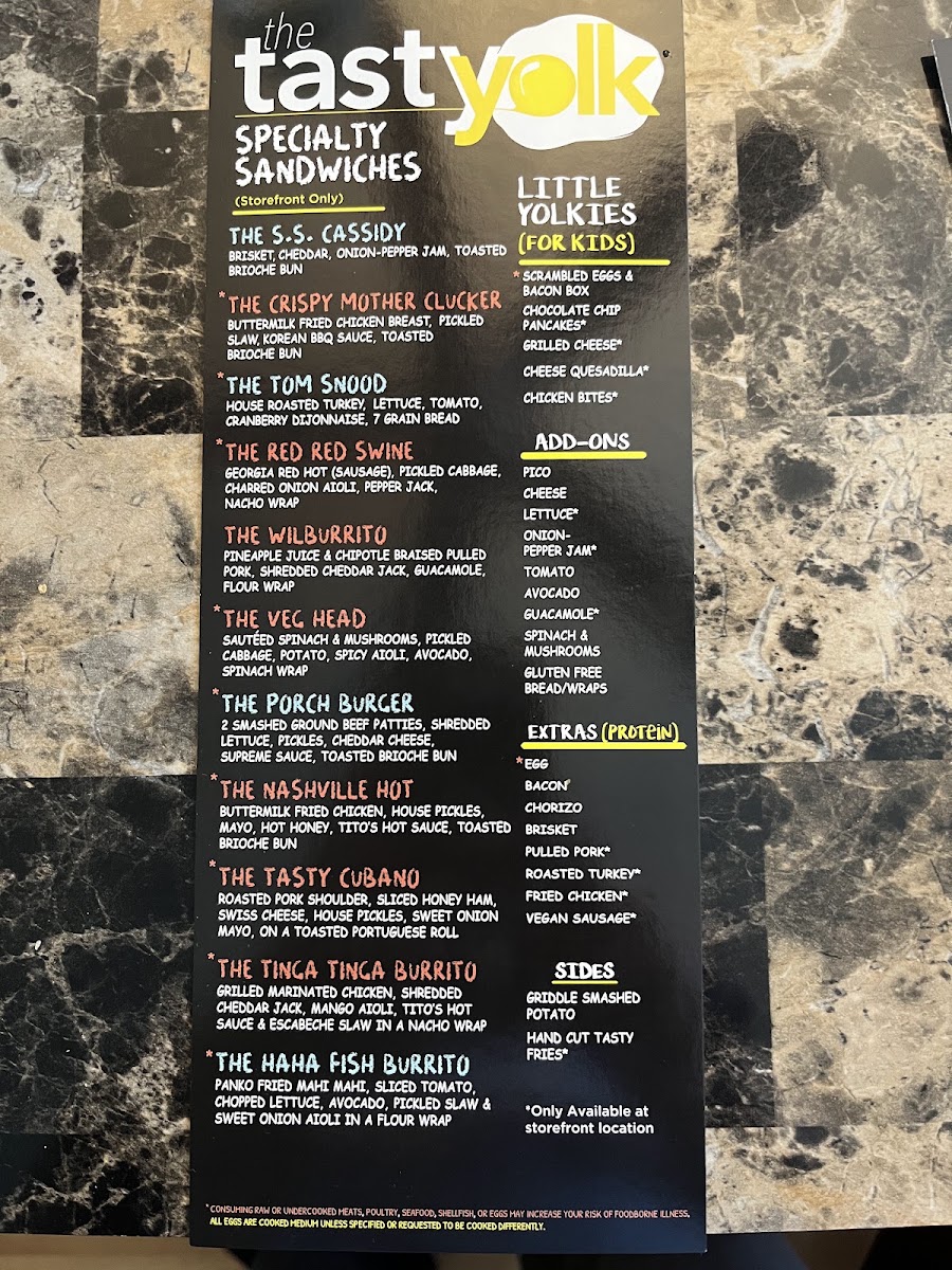 The Tasty Yolk menu board