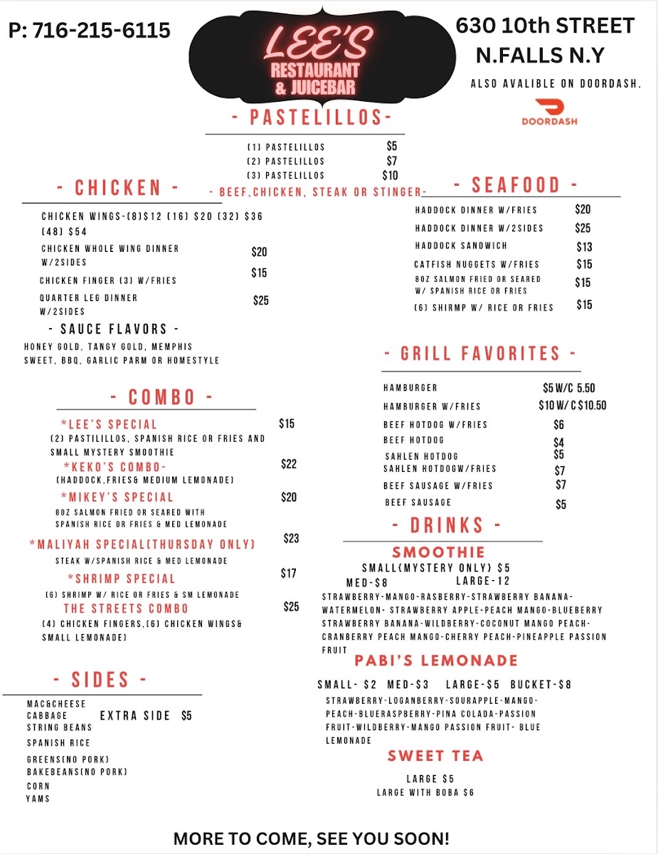 Lee’s Restaurant & Juicebar menu board