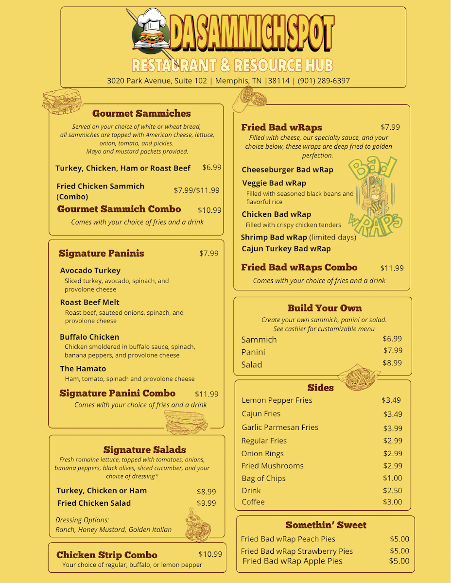 Da Sammich Spot Restaurant and Resource Hub menu board