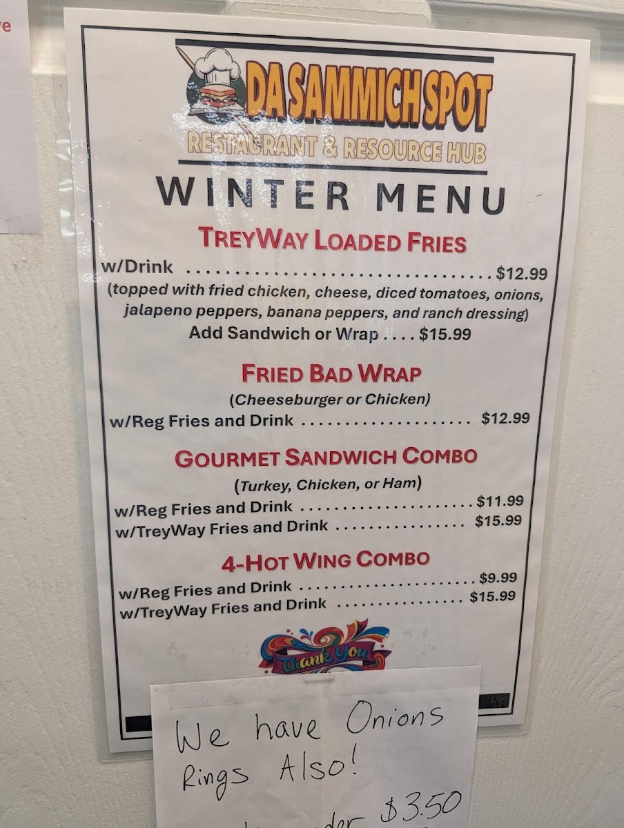 Da Sammich Spot Restaurant and Resource Hub menu board