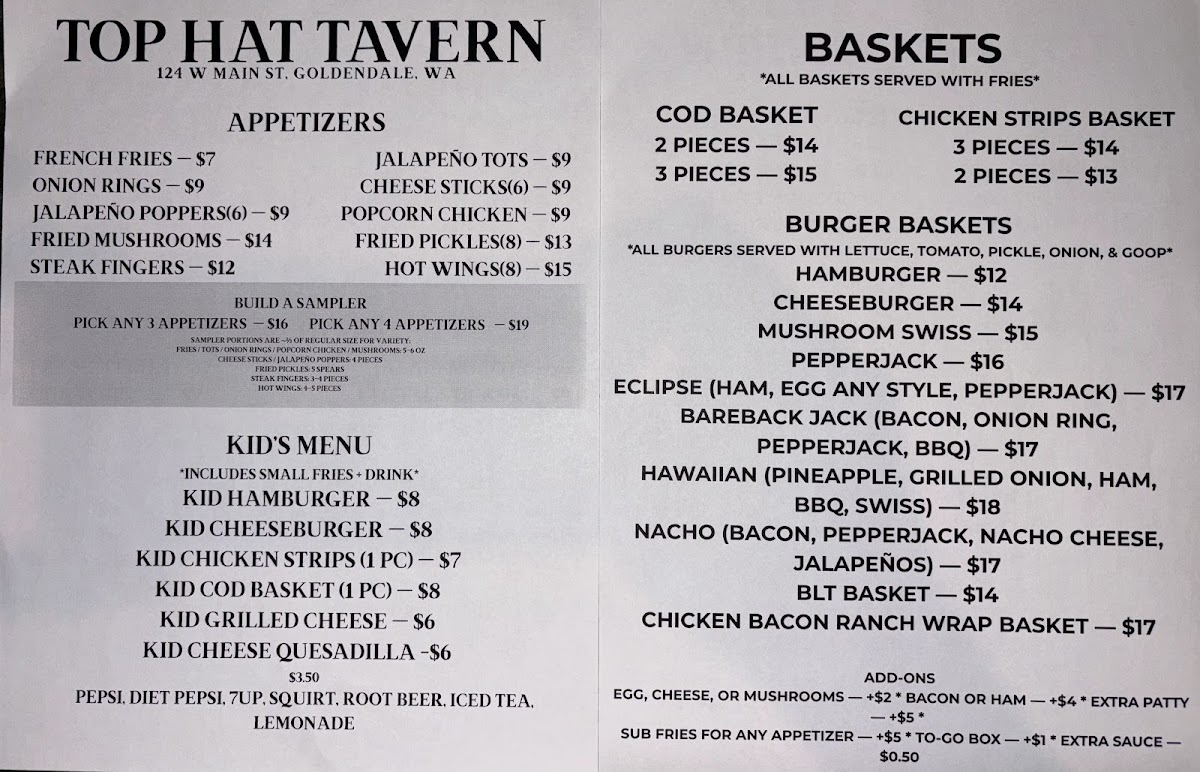 Top Hat Tavern menu board
