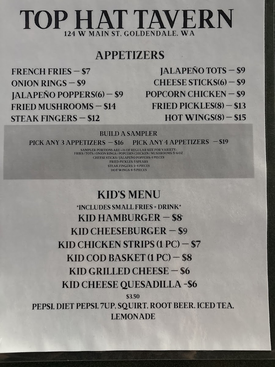 Top Hat Tavern menu board