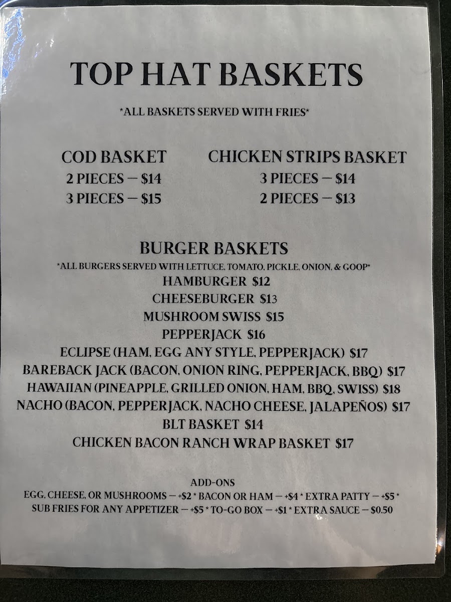 Top Hat Tavern menu board