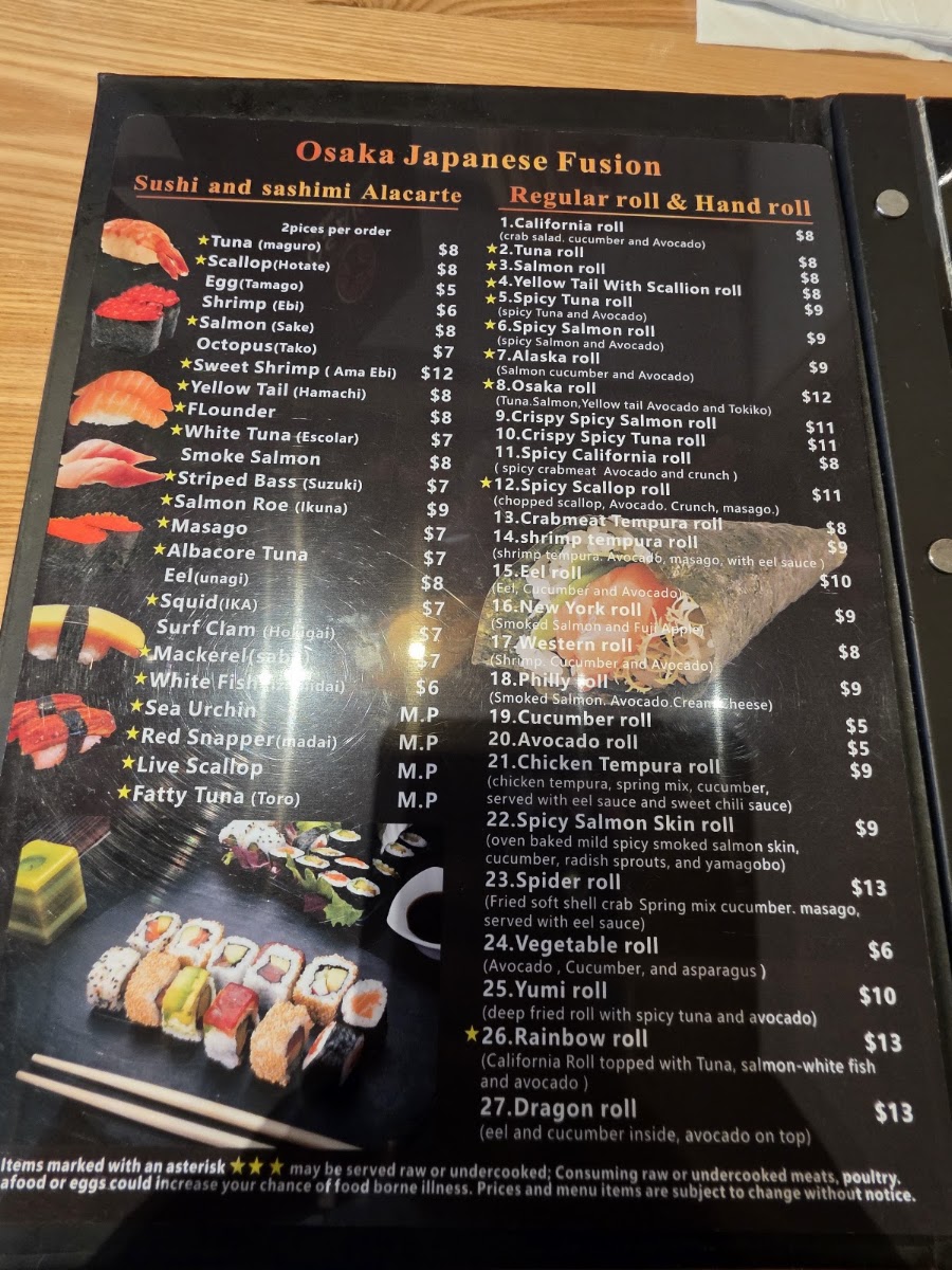 Osaka Japanese Fusion menu board