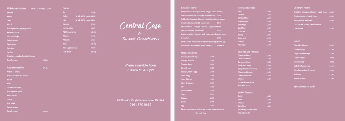 Central Cafe and Sweet Creations menu board