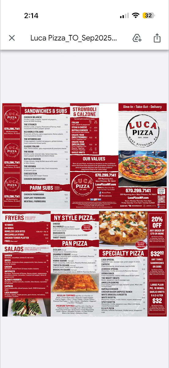 Luca Pizza menu board