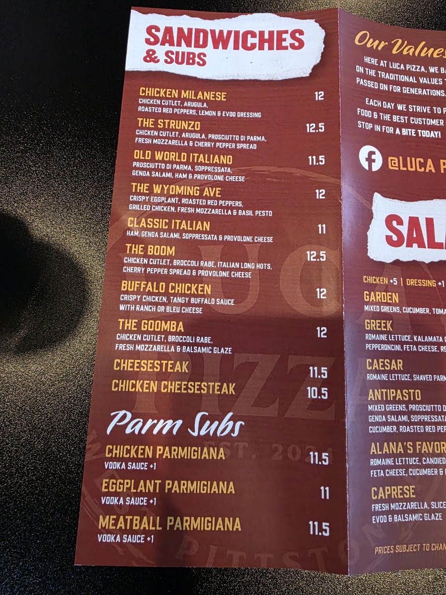 Luca Pizza menu board