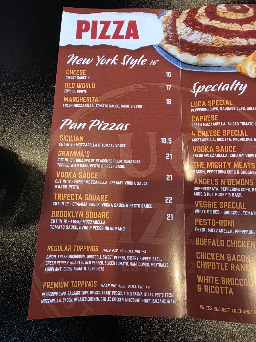 Luca Pizza menu board