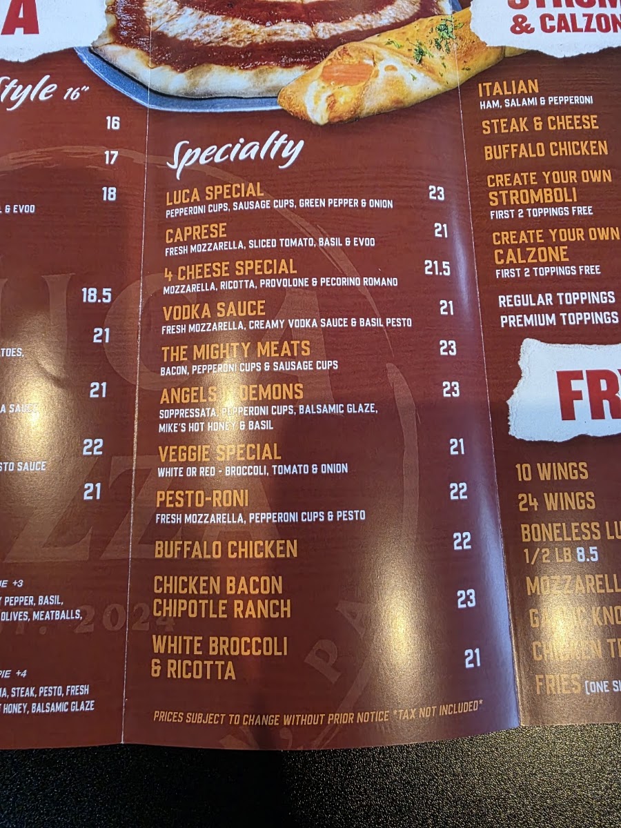 Luca Pizza menu board