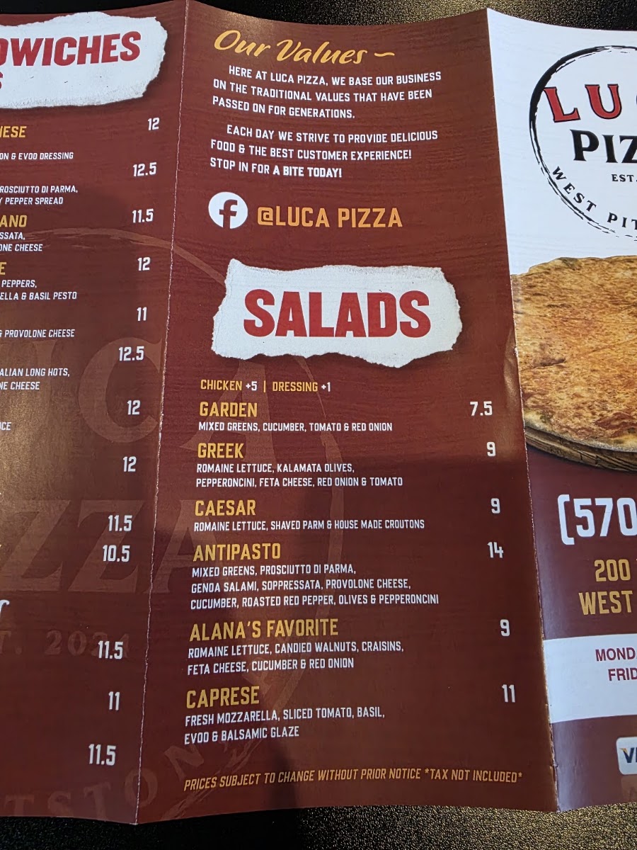 Luca Pizza menu board
