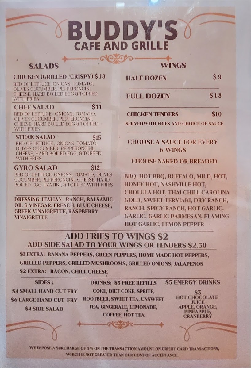 Buddys Cafe menu board