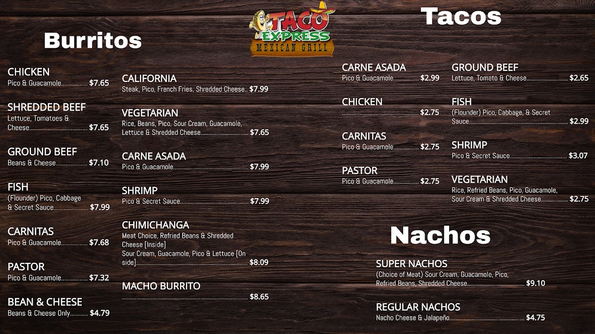 Taco Express Catering menu board