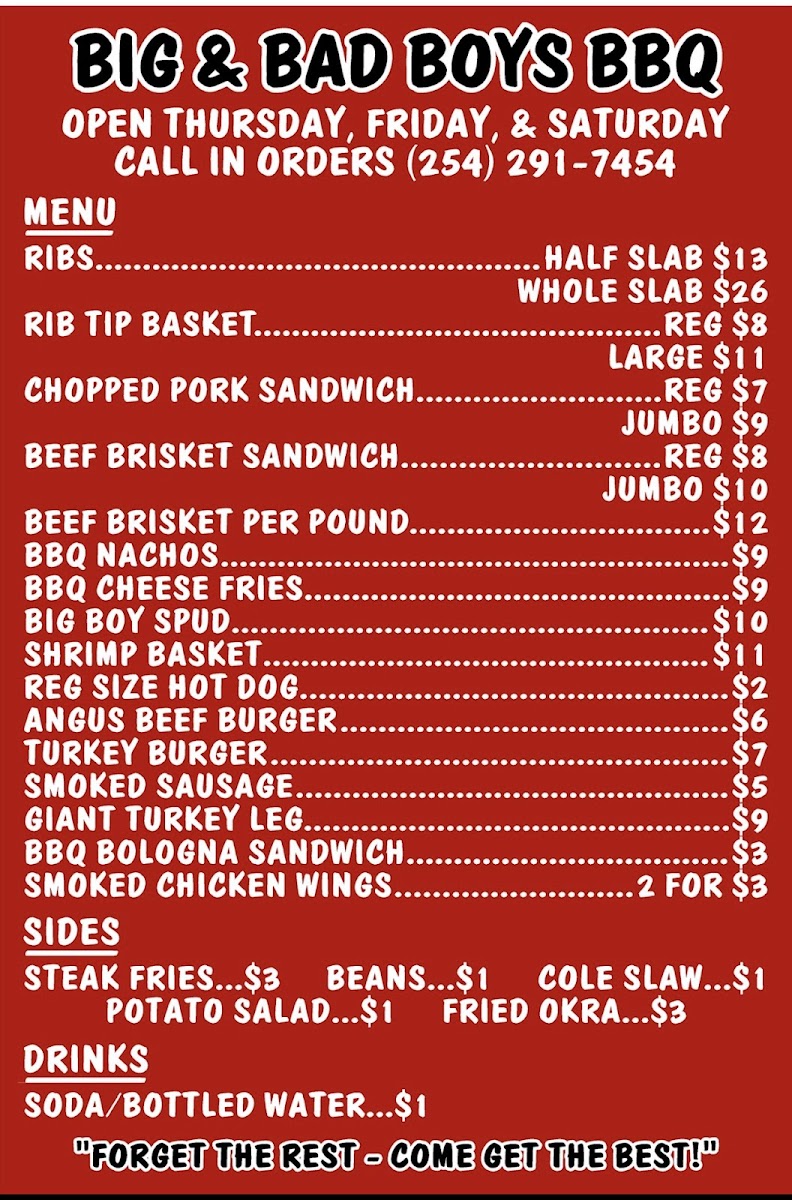 Big & Bad Boys BBQ menu board