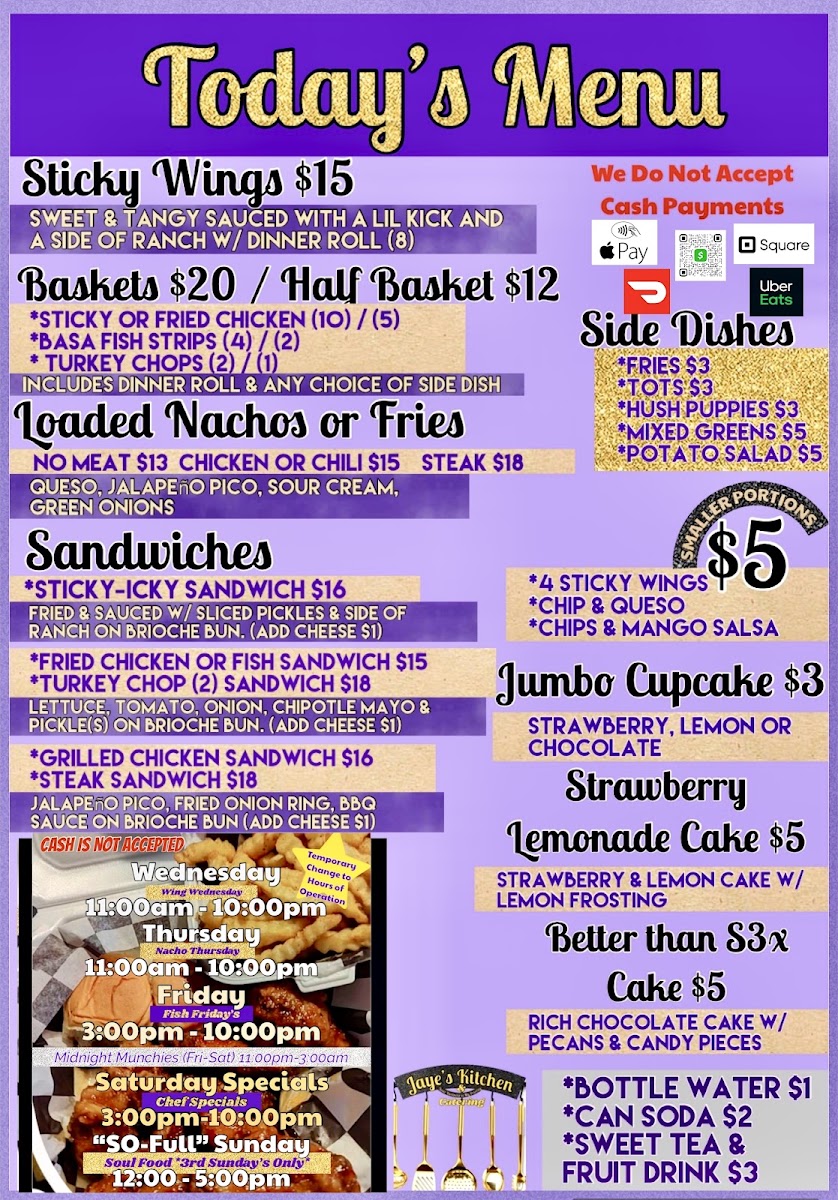 Jaye’s Kitchen & Catering menu board