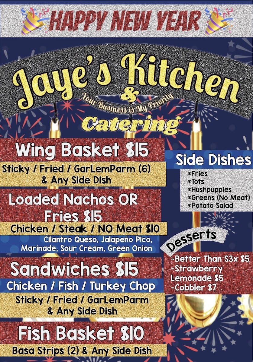 Jaye’s Kitchen & Catering menu board